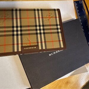 Burberry Beige Check Canvas passport holder with Brown Trim and Red Accent